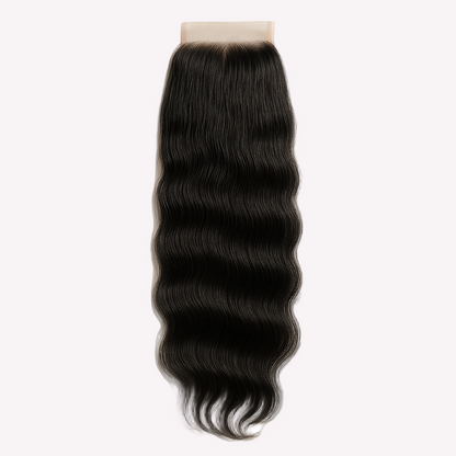 Black hair extension with a lace closure on a beige background