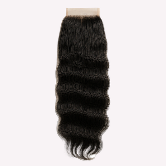 Black hair extension with a lace closure on a beige background